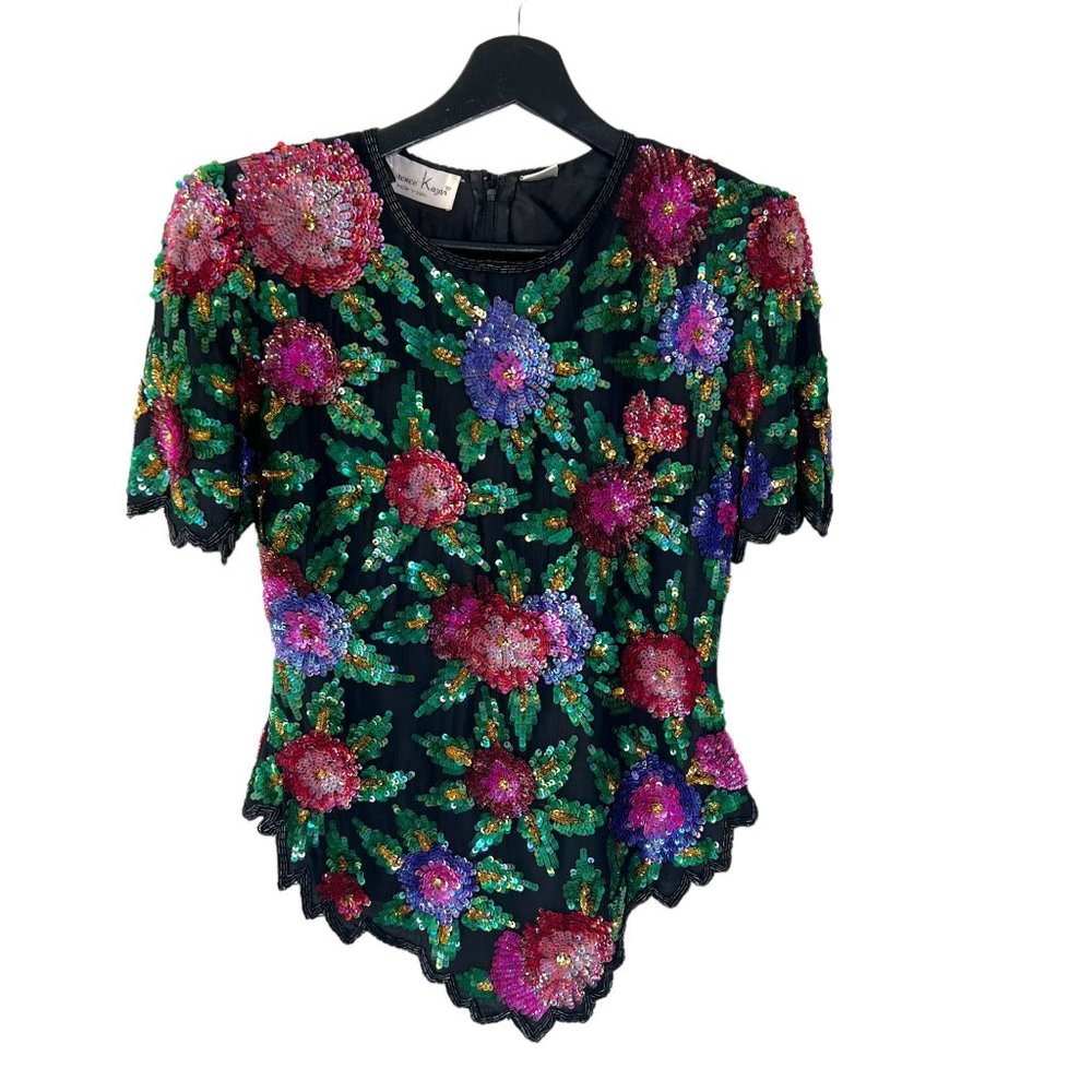 Vintage 90s Laurence Kazar Black Multicolor Floral Sequin Silk Short Sleeve Top